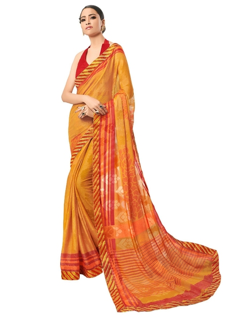 

UNITED LIBERTY Orange Floral Zari Art Silk Block Print Saree