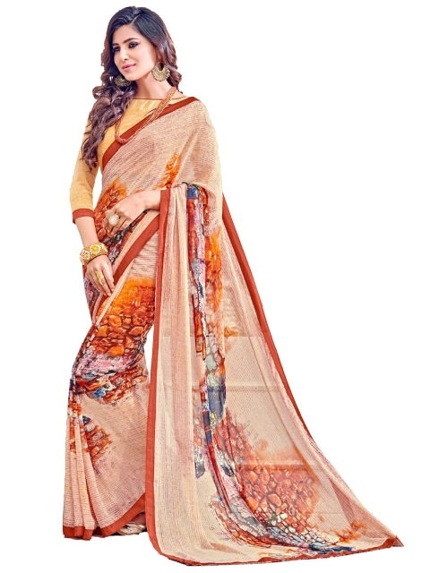

UNITED LIBERTY Peach-Coloured & Maroon Floral Block Print Saree