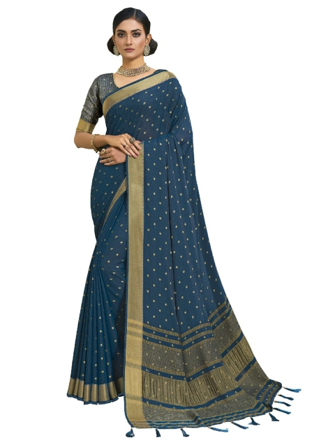 

UNITED LIBERTY Navy Blue & Golden Zari Art Silk Block Print Saree
