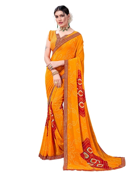 

UNITED LIBERTY Yellow & Red Bandhani Block Print Saree
