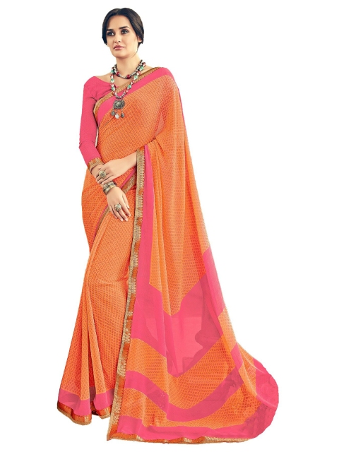 

UNITED LIBERTY Orange & Pink Floral Block Print Saree