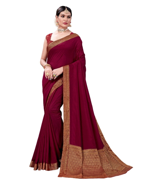 

UNITED LIBERTY Maroon & Golden Ethnic Motifs Zari Art Silk Block Print Saree
