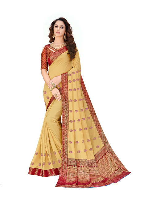 

UNITED LIBERTY Cream-Coloured & Red Floral Art Silk Block Print Saree