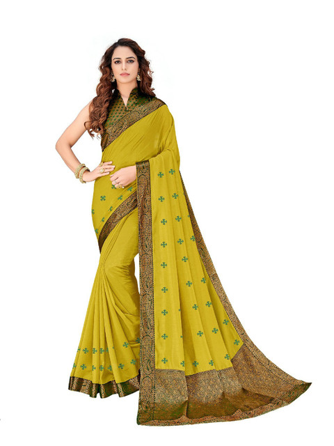 

UNITED LIBERTY Olive Green & Green Art Silk Block Print Saree