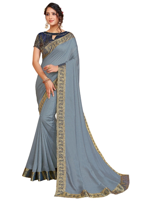 

UNITED LIBERTY Grey & Gold-Toned Art Silk Block Print Saree