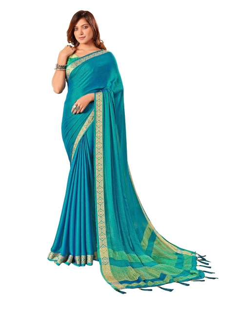 

UNITED LIBERTY Turquoise Blue & Gold-Toned Art Silk Saree