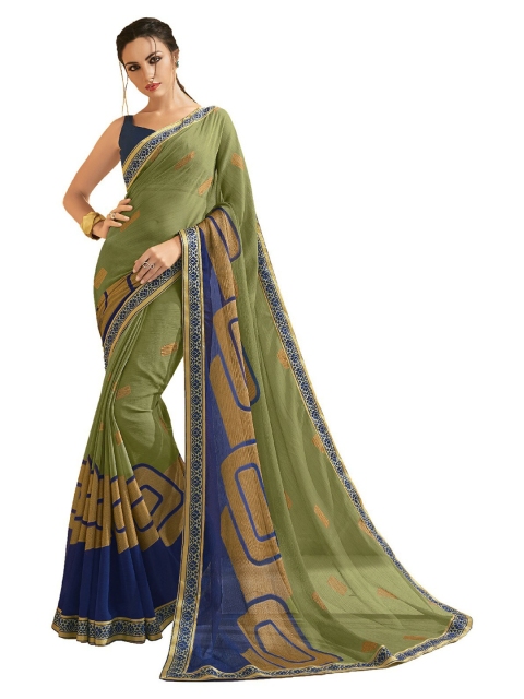 

UNITED LIBERTY Olive Green & Blue Art Silk Block Print Saree