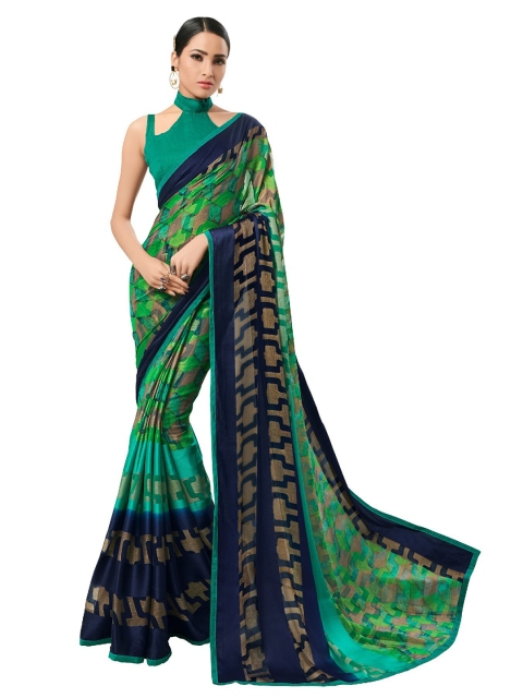 

UNITED LIBERTY Teal & Green Art Silk Block Print Saree