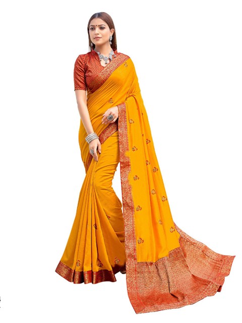 

UNITED LIBERTY Yellow & Red Floral Art Silk Block Print Saree