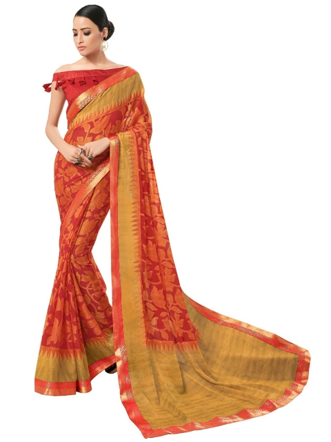 

UNITED LIBERTY Orange & Gold-Toned Floral Zari Art Silk Block Print Saree