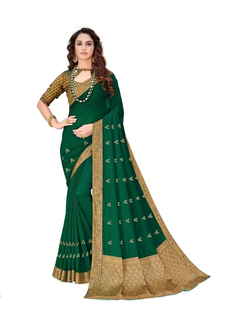 

UNITED LIBERTY Green & Gold-Toned Floral Zari Art Silk Saree