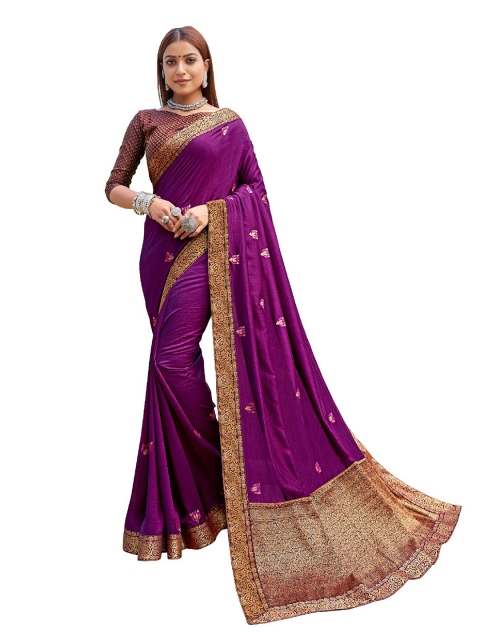 

UNITED LIBERTY Purple & Gold-Toned Floral Art Silk Block Print Saree