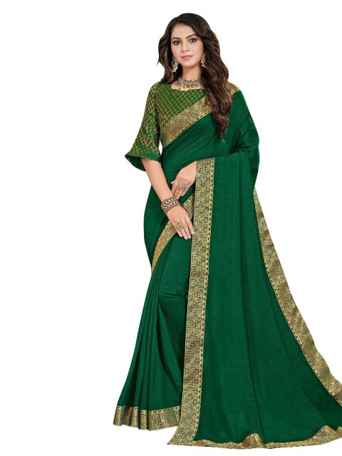 

UNITED LIBERTY Green & Gold-Toned Art Silk Block Print Saree