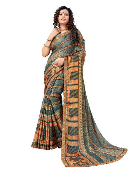

UNITED LIBERTY Grey & Orange Ethnic Motifs Art Silk Block Print Saree