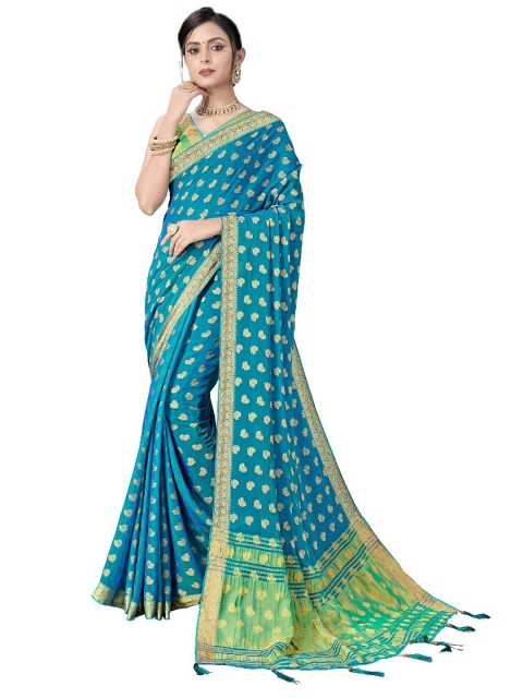 

UNITED LIBERTY Turquoise Blue & Green Woven Design Block Print Saree