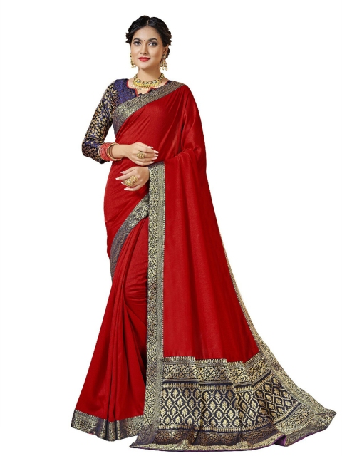 

UNITED LIBERTY Red & Gold-Toned Zari Art Silk Block Print Saree