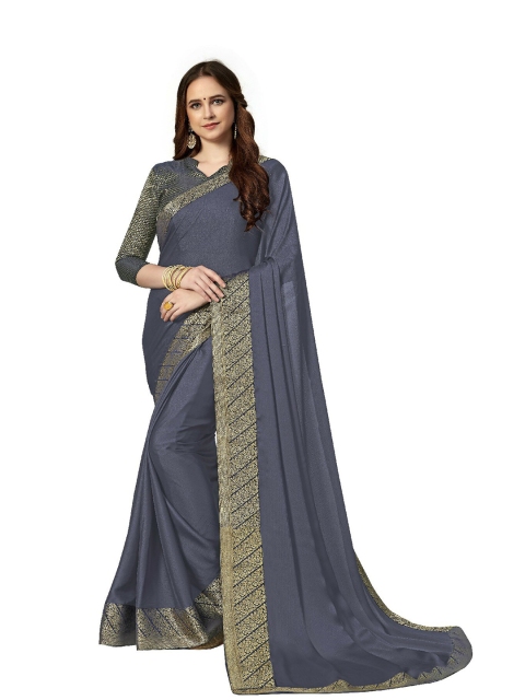 

UNITED LIBERTY Grey & Gold-Toned Art Silk Block Print Saree