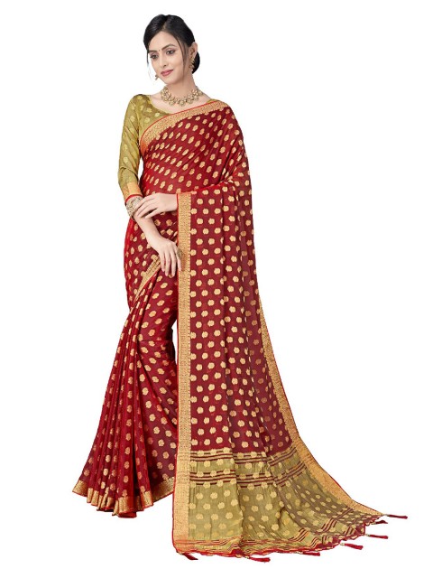 

UNITED LIBERTY Maroon & Gold-Toned Woven Design Zari Block Print Saree