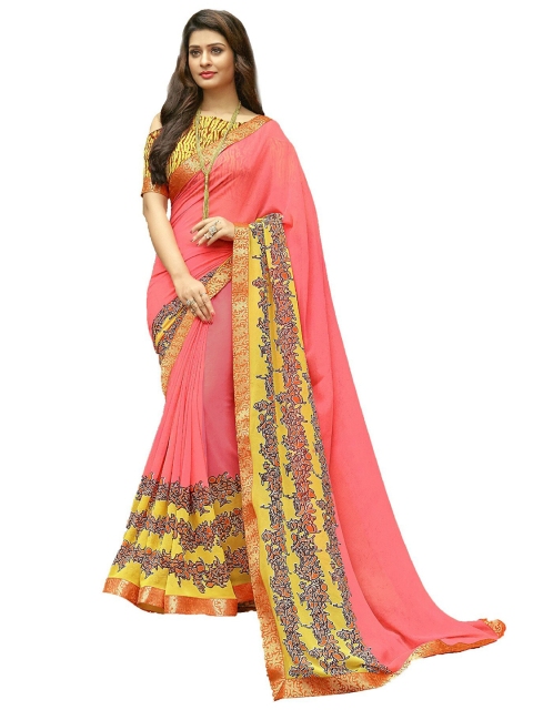 

UNITED LIBERTY Pink & Yellow Block Print Saree