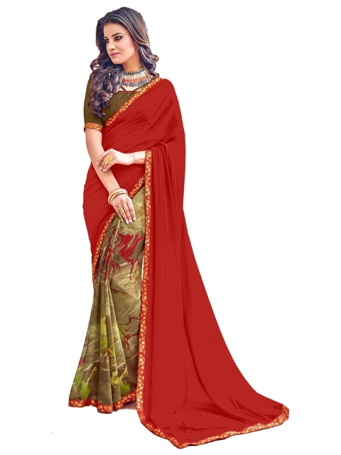 

UNITED LIBERTY Red & Olive Green Printed Saree