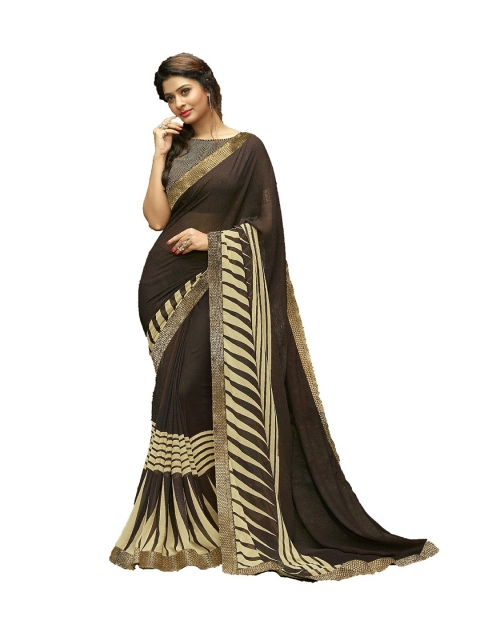 

UNITED LIBERTY Brown & Beige Geometric Zari Block Print Saree
