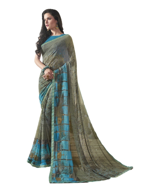 

UNITED LIBERTY Taupe & Blue Printed Saree