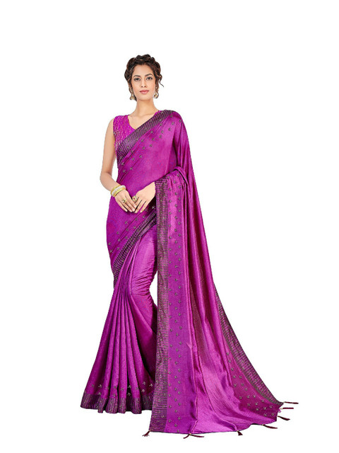 

UNITED LIBERTY Purple Embellished Beads and Stones Art Silk Block Print Saree