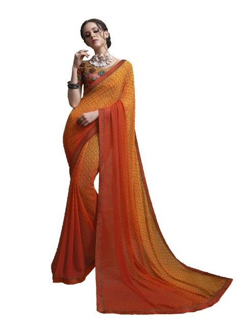

UNITED LIBERTY Orange & Red Ethnic Motifs Block Print Saree
