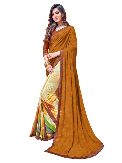 

UNITED LIBERTY Camel Brown & Cream-Coloured Block Print Saree