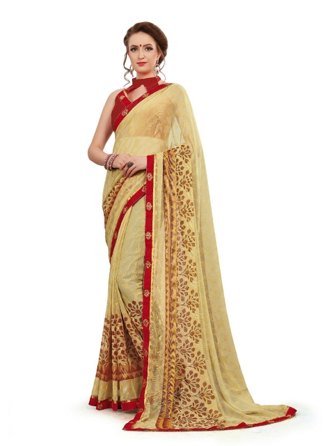 

UNITED LIBERTY Cream-Coloured & Red Woven Design Art Silk Saree