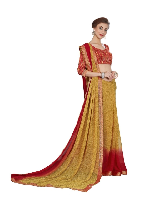 

UNITED LIBERTY Olive Green & Red Block Print Saree