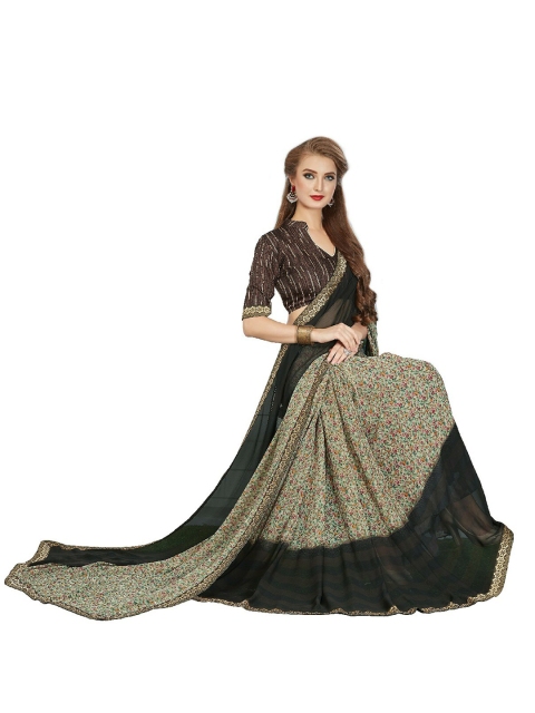 

UNITED LIBERTY Black & Beige Floral Printed Saree