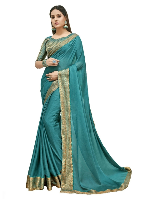 

UNITED LIBERTY Turquoise Blue & Gold-Toned Art Silk Saree