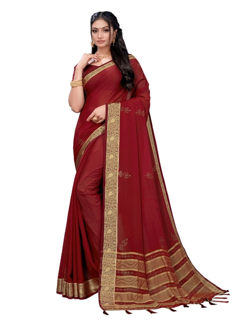 

UNITED LIBERTY Red & Golden Ethnic Motifs Beads and Stones Block Print Saree