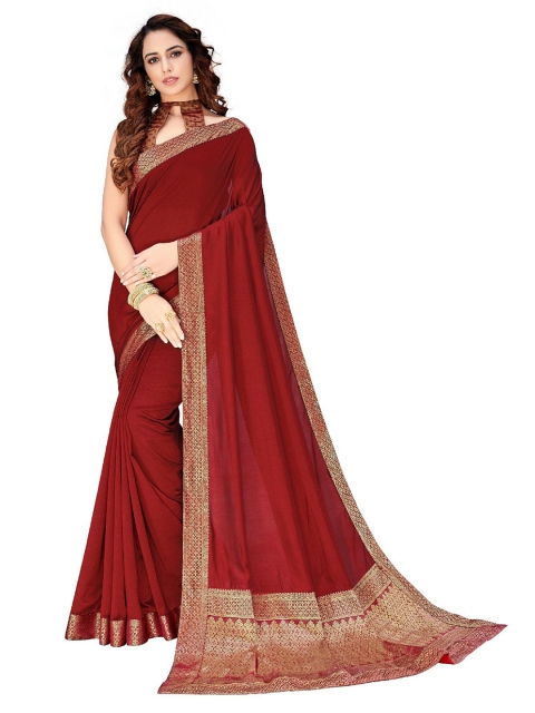 

UNITED LIBERTY Maroon Art Silk Block Print Saree