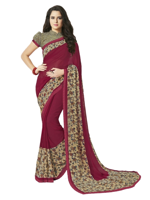

UNITED LIBERTY Maroon & Beige Block Print Saree
