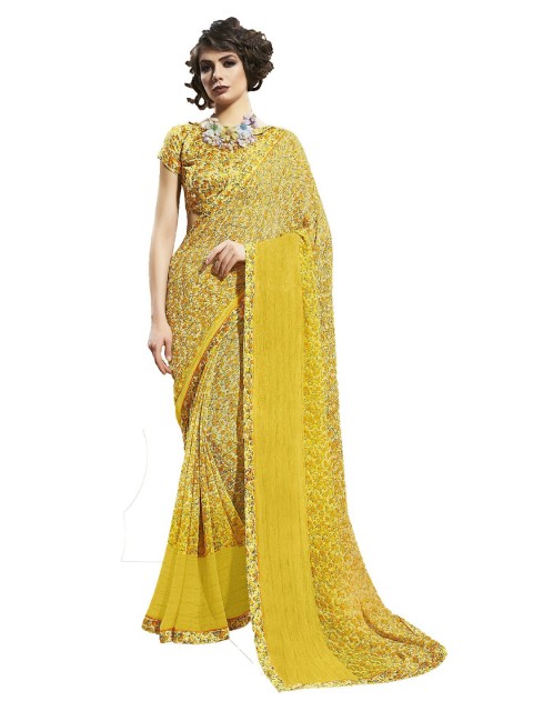 

UNITED LIBERTY Yellow & Black Floral Printed Saree