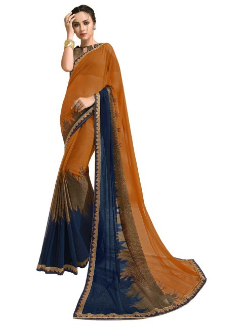 

UNITED LIBERTY Orange & Blue Art Silk Saree