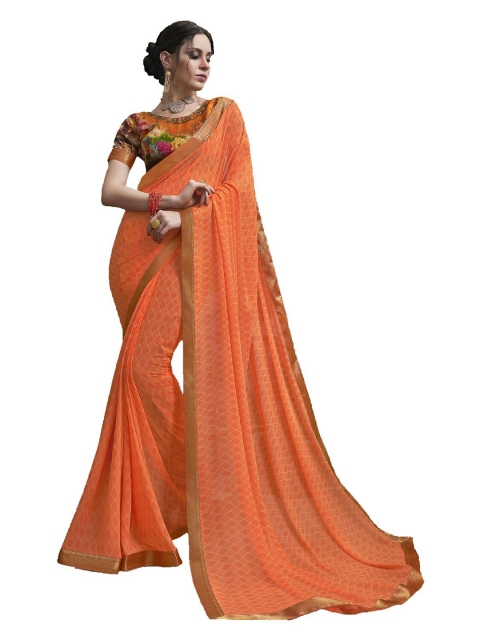 

UNITED LIBERTY Orange & Gold-Toned Printed Saree