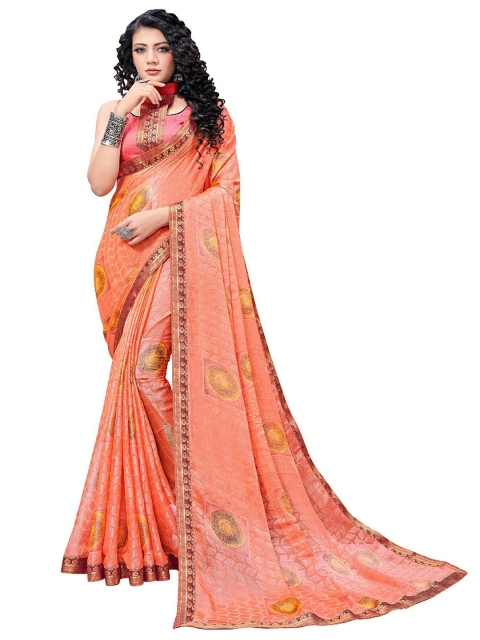 

UNITED LIBERTY Peach-Coloured Art Silk Block Print Saree