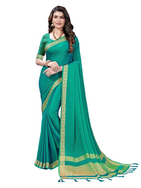 

UNITED LIBERTY Teal & Gold-Toned Zari Art Silk Block Print Saree