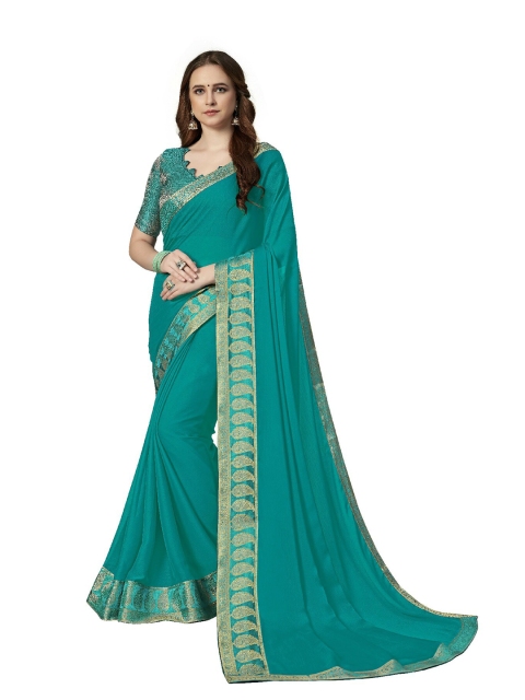 

UNITED LIBERTY Teal & Gold-Toned Art Silk Block Print Saree