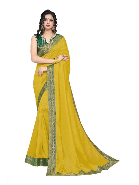 

UNITED LIBERTY Yellow & Golden Ethnic Motifs Zari Art Silk Block Print Saree