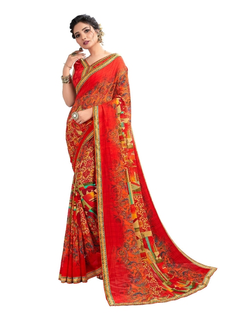 

UNITED LIBERTY Orange & Green Block Print Saree