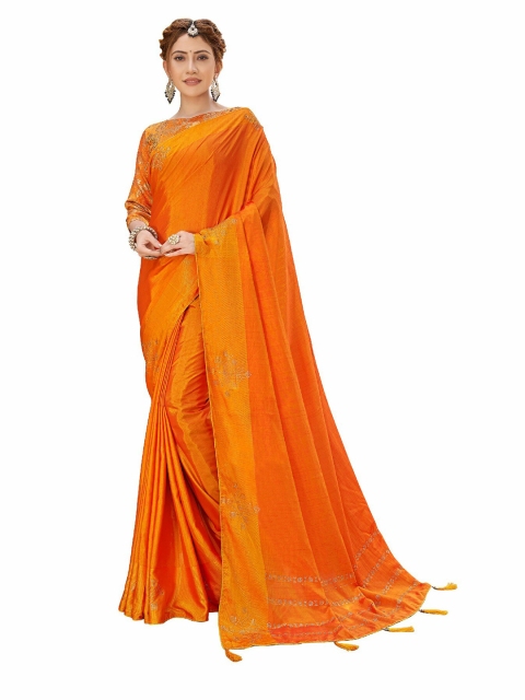 

UNITED LIBERTY Orange & Gold-Toned Embellished Beads and Stones Art Silk Saree