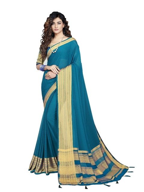 

UNITED LIBERTY Blue & Gold-Toned Zari Art Silk Block Print Saree