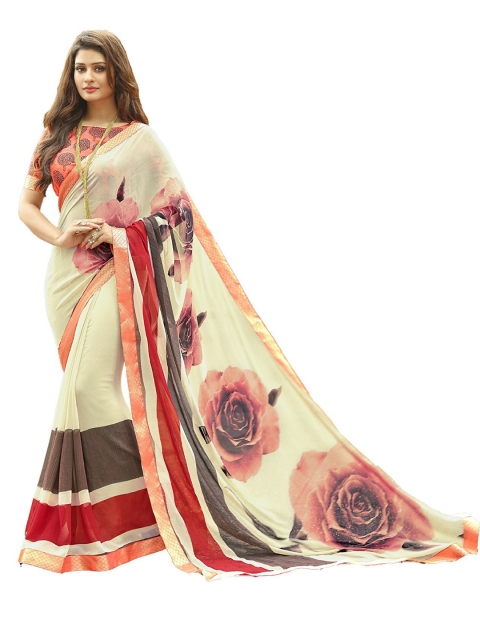 

UNITED LIBERTY Cream-Coloured & Purple Floral Block Print Saree