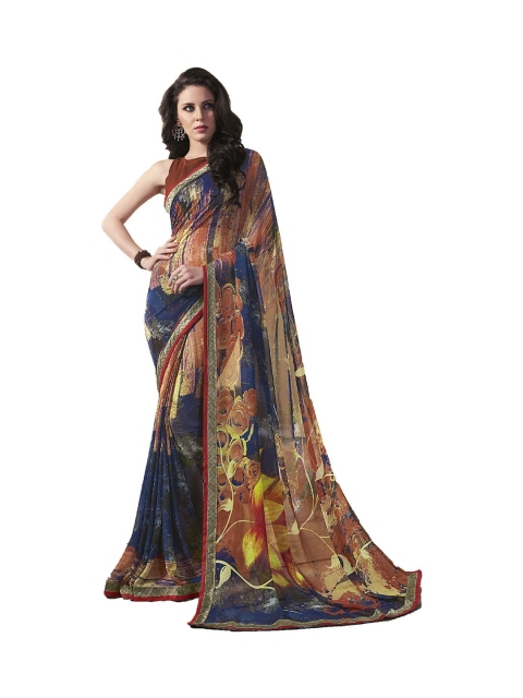 

UNITED LIBERTY Khaki & Blue Floral Block Print Saree