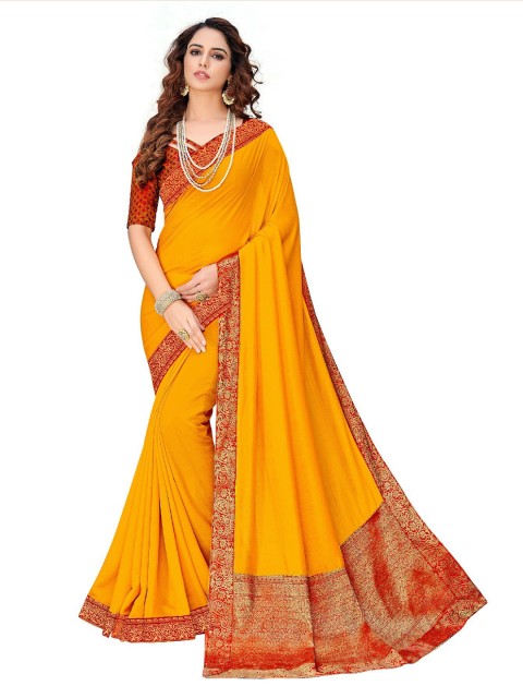 

UNITED LIBERTY Orange & Red Patchwork Art Silk Block Print Saree