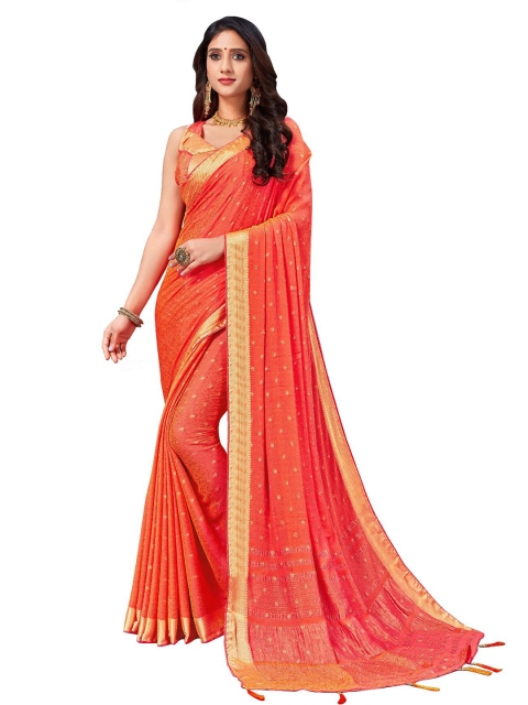 

UNITED LIBERTY Orange & Gold-Toned Woven Design Zari Art Silk Saree